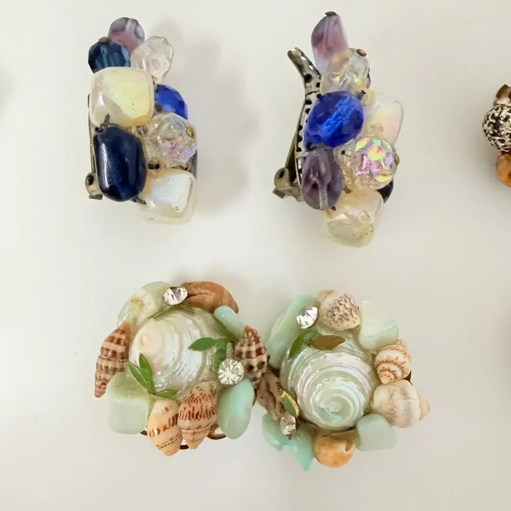 Lot of 15 Hong Kong Japan Cluster Flower Faux Pearl Shell Bead Clip On Earrings